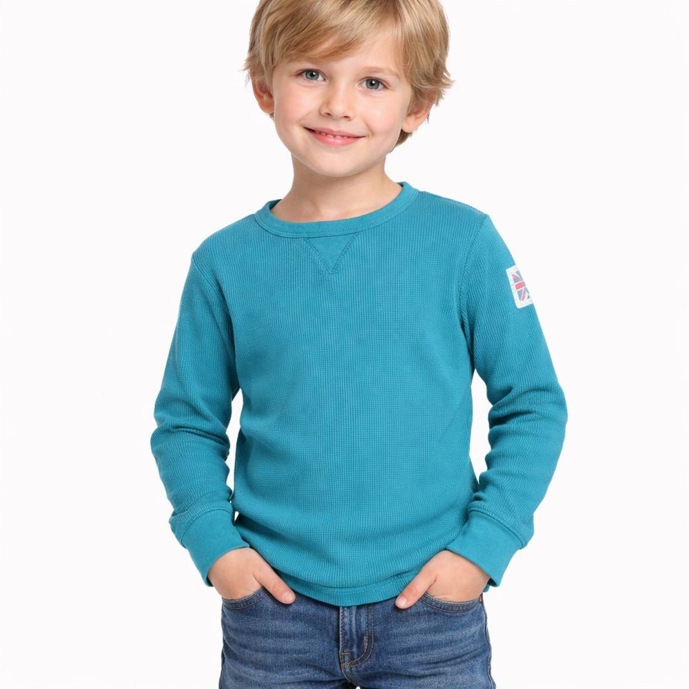 Mini Boden Teal Waffle-Knit Long Sleeve Thermal Top Size 5–6Y